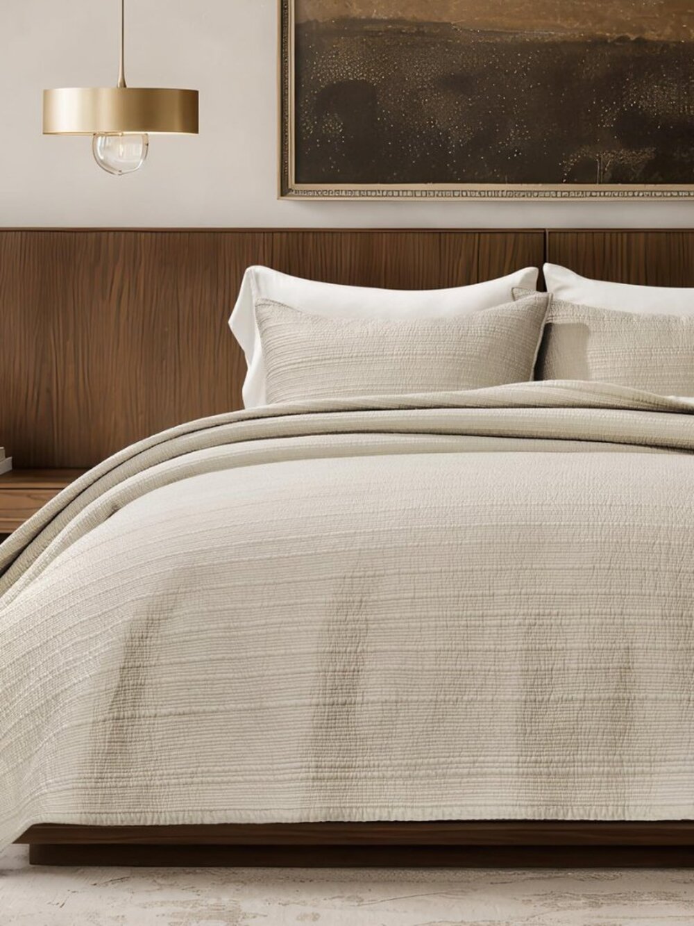 EVERGRACEHOME Cotton Sateen Channel Quilt Set, King Size, Parchment